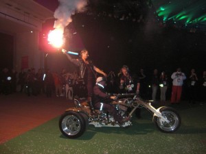 Torch lighted - and were ready to roll The Snake Trike, about to go on stage at the London 2012 Paralympics